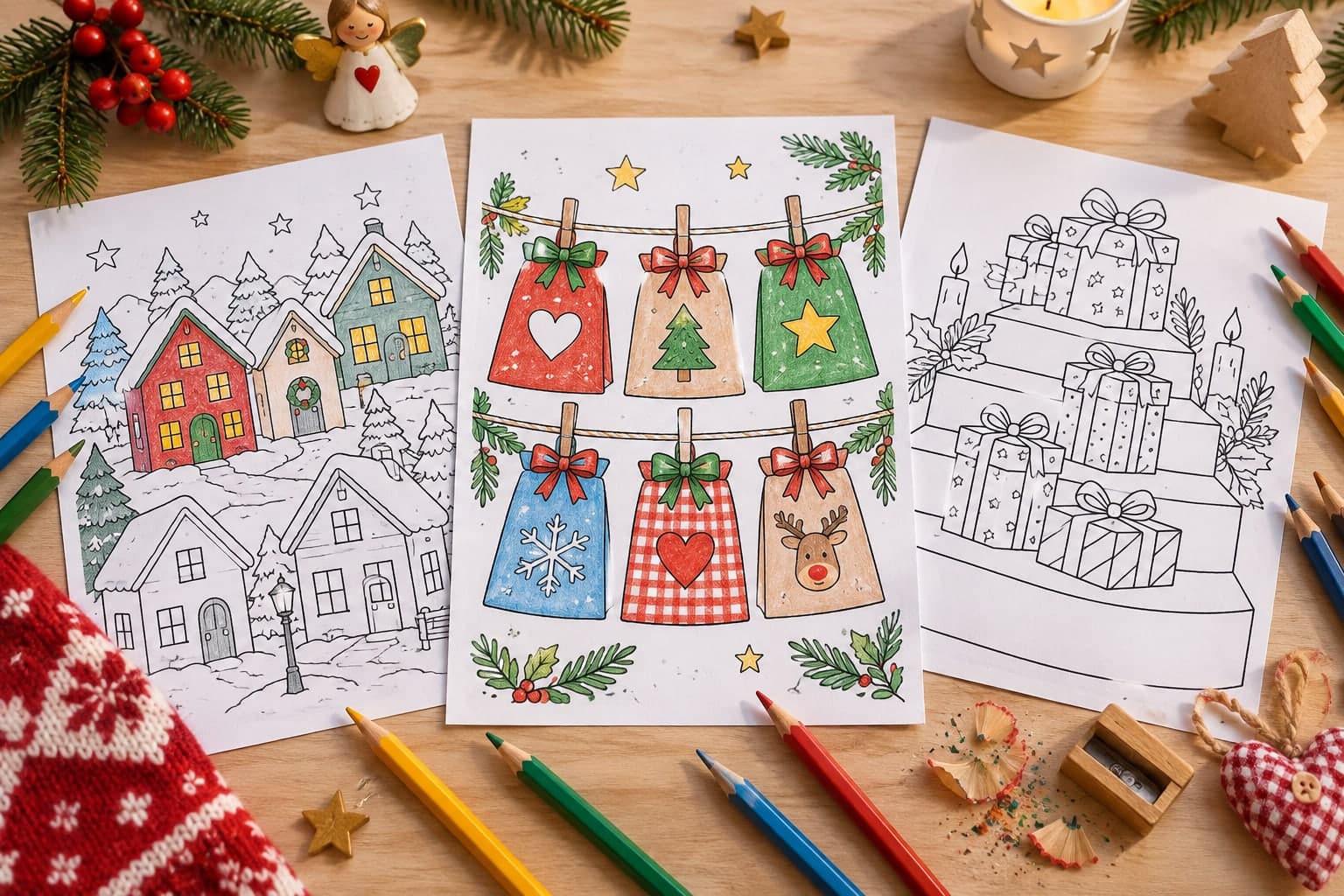 Titelbild: Adventskalender Ausmalbilder mit Häusern und Säckchen