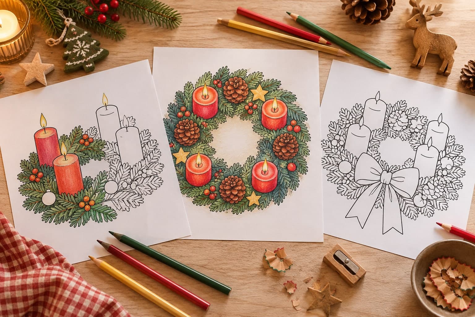 Titelbild: Adventskranz Ausmalbilder mit vier Kerzen