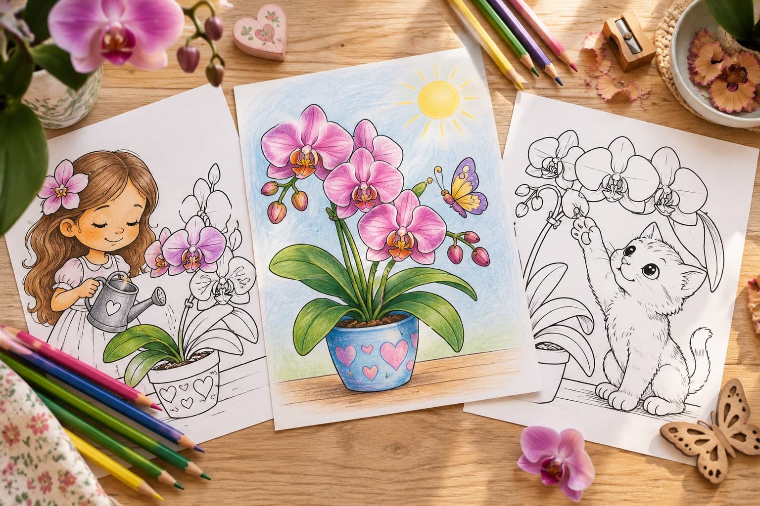 Titelbild: Ausmalbilder mit Orchideen-Motiven für Blumenliebhaber