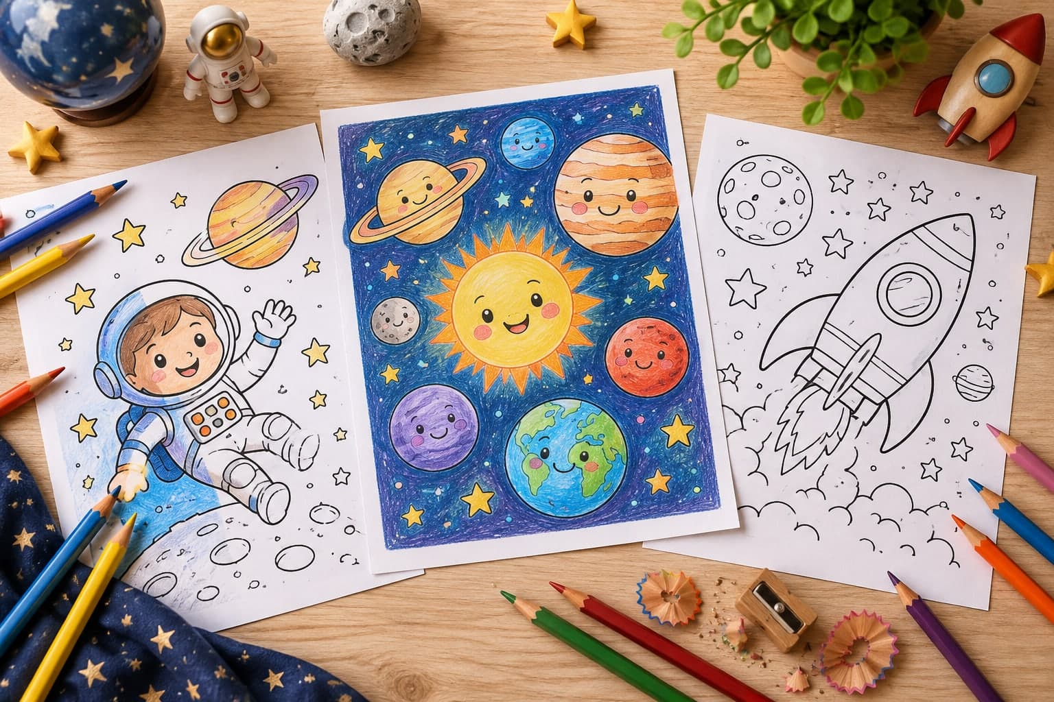 Titelbild: Kostenlose Ausmalbilder mit Planeten-Motiven im Weltraum
