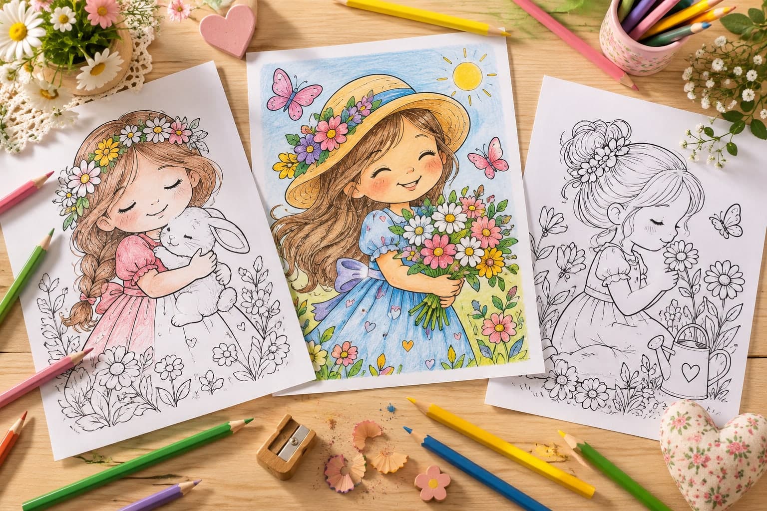 Titelbild: Mädchen mit Blumen Ausmalbilder – Kreativer Malspaß