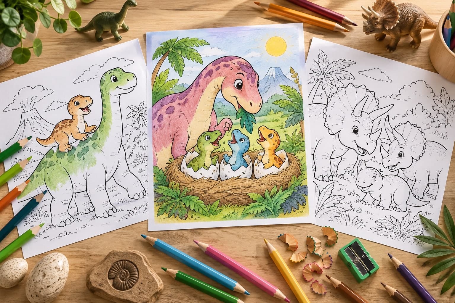 Titelbild: Dino-Familie: Ausmalbilder mit Mama, Papa und Dino-Kind