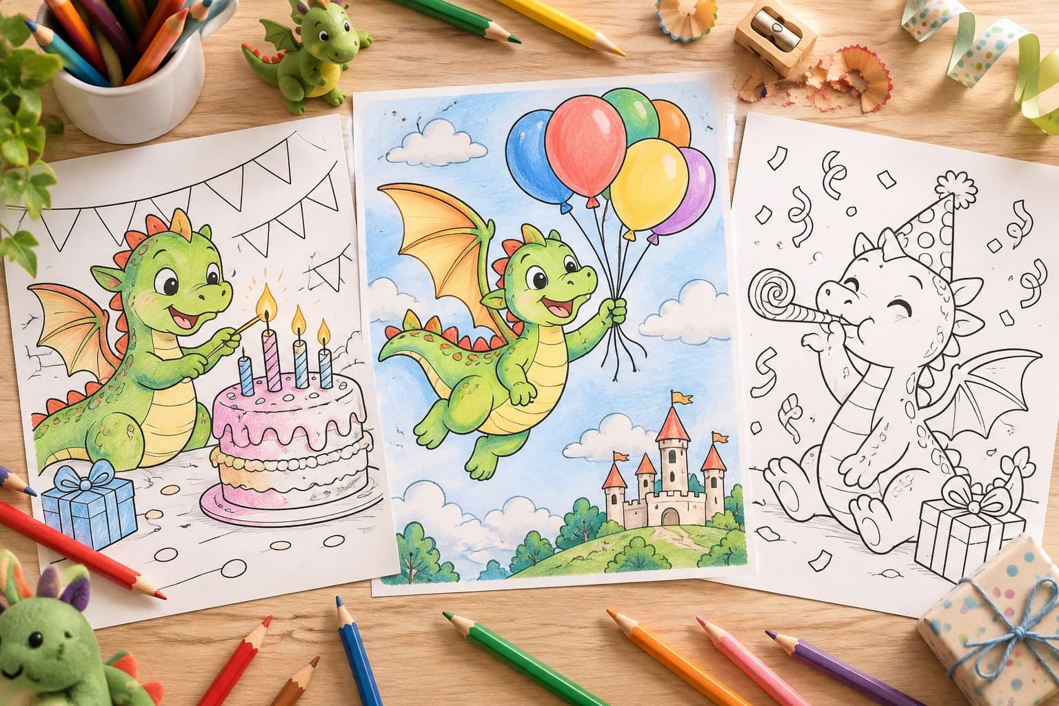 Titelbild: Drache Geburtstag: Ausmalbilder für die Drachenparty