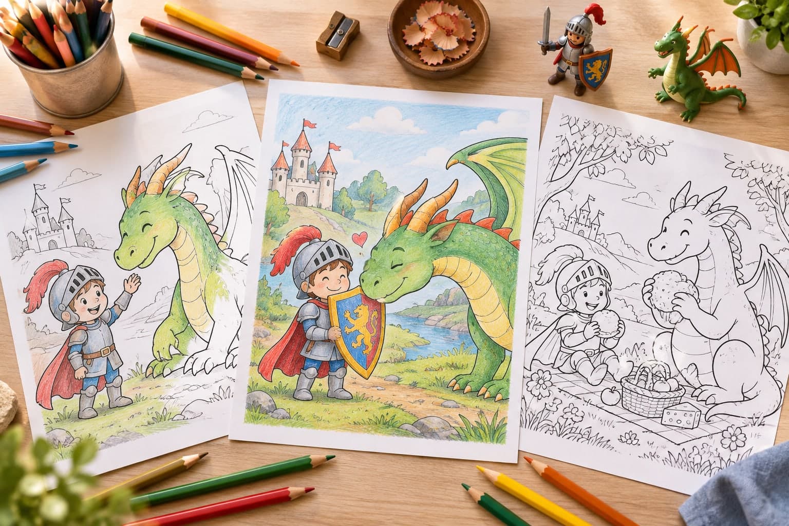 Titelbild: Drache und Ritter: Ausmalbilder zum Ausdrucken