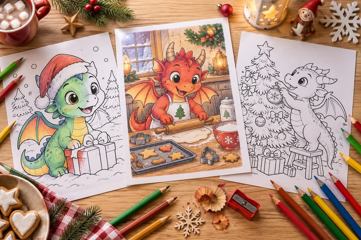 Titelbild: Drache Weihnachten: Ausmalbilder für den Advent