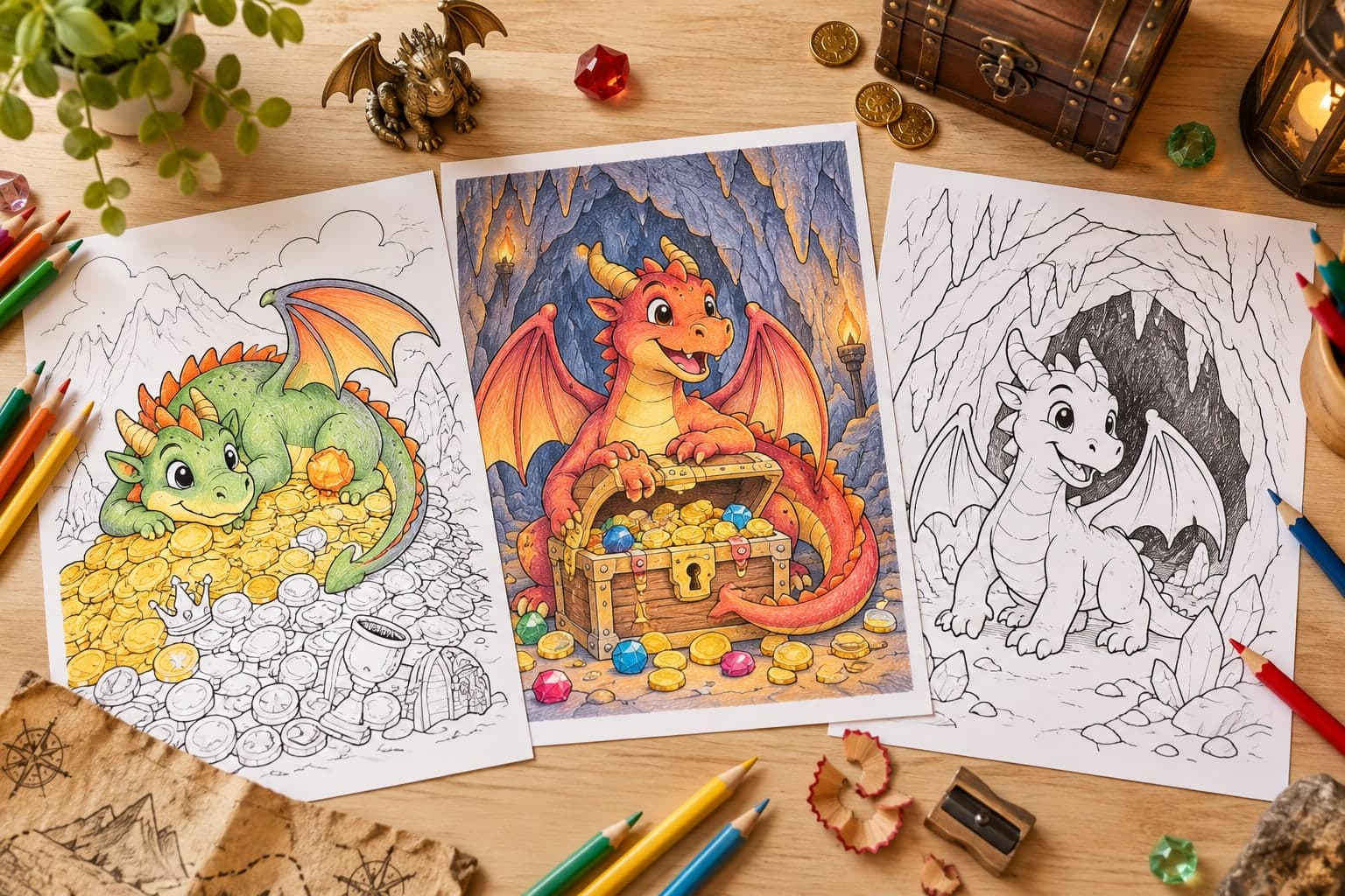 Titelbild: Drache mit Schatz: Ausmalbilder aus der Drachenhöhle