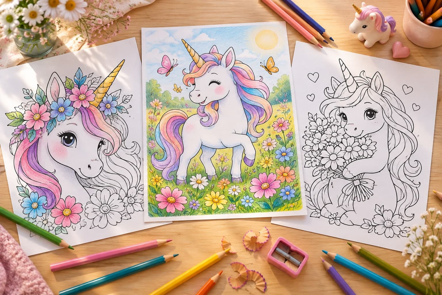 Titelbild: Einhorn mit Blumen: Ausmalbilder mit Kranz und Wiese