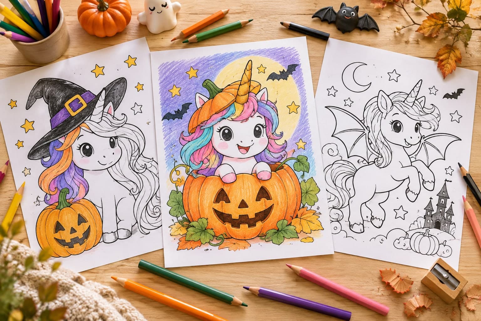 Titelbild: Einhorn Halloween: Ausmalbilder mit Hexenhut und Kürbis
