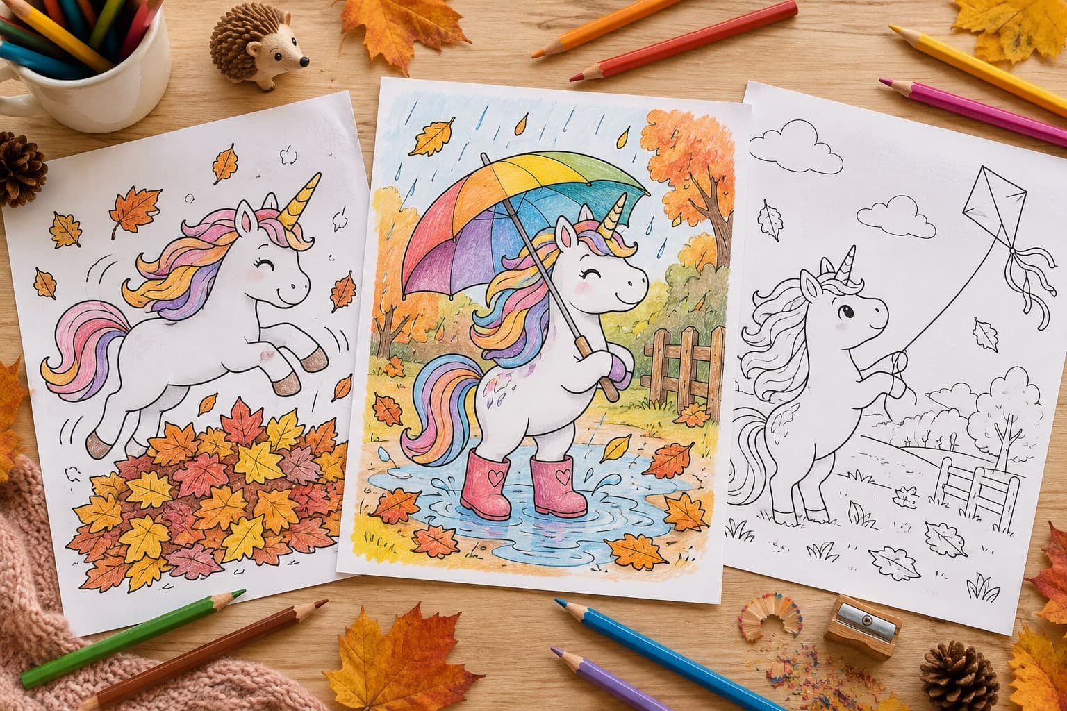Titelbild: Einhorn im Herbst: Ausmalbilder mit Laub und Regenschirm