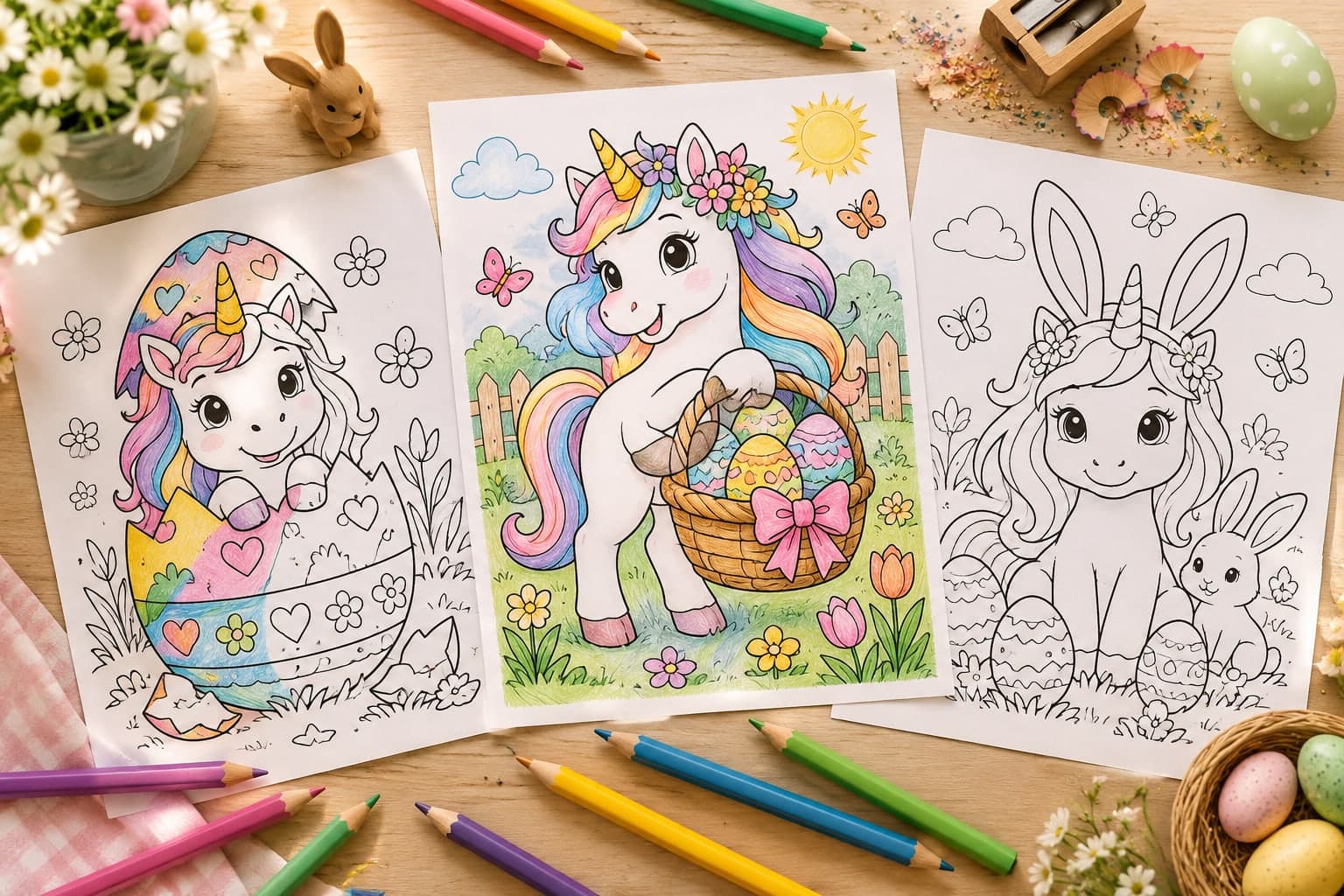 Titelbild: Einhorn Ostern: Ausmalbilder mit Ostereiern und Nest