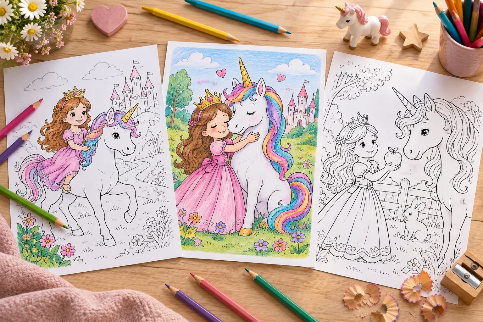 Titelbild: Einhorn und Prinzessin: Ausmalbilder zum Ausdrucken