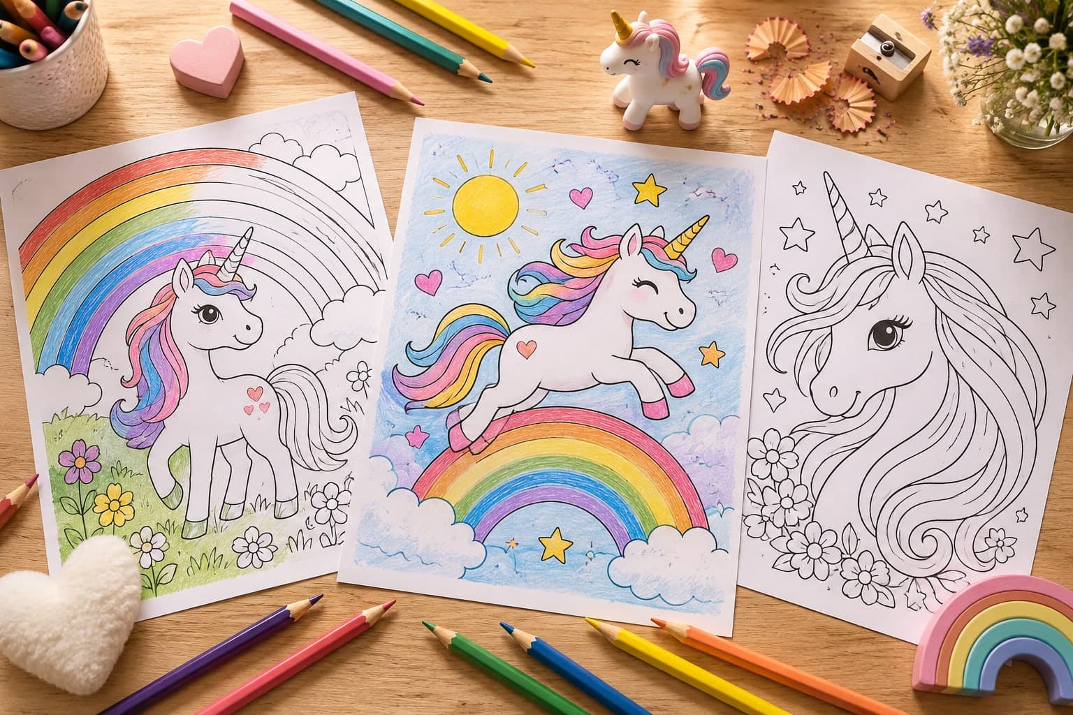 Titelbild: Einhorn mit Regenbogen: Ausmalbilder zum Ausdrucken