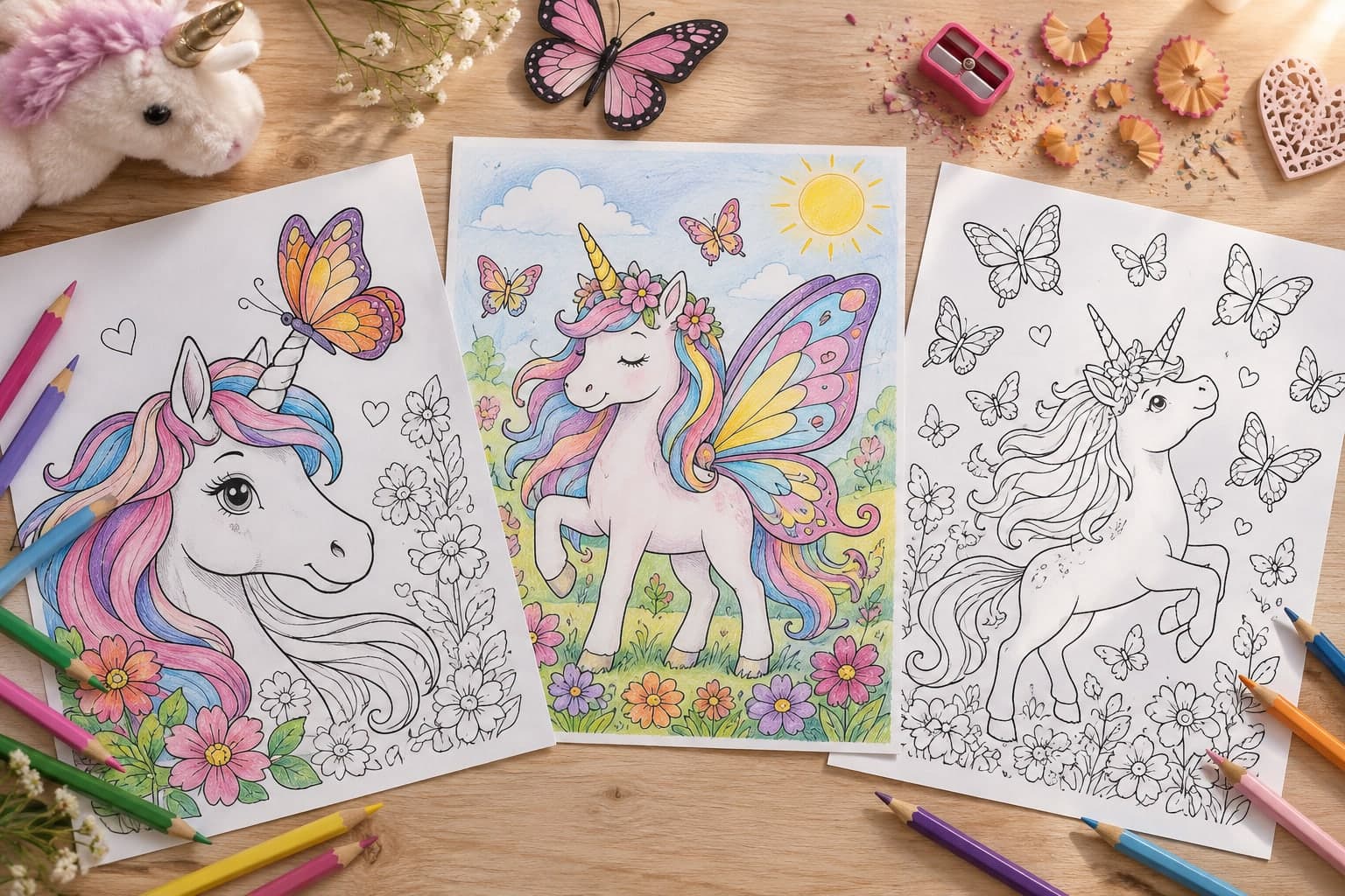 Titelbild: Einhorn mit Schmetterling: Ausmalbilder mit bunten Flügeln