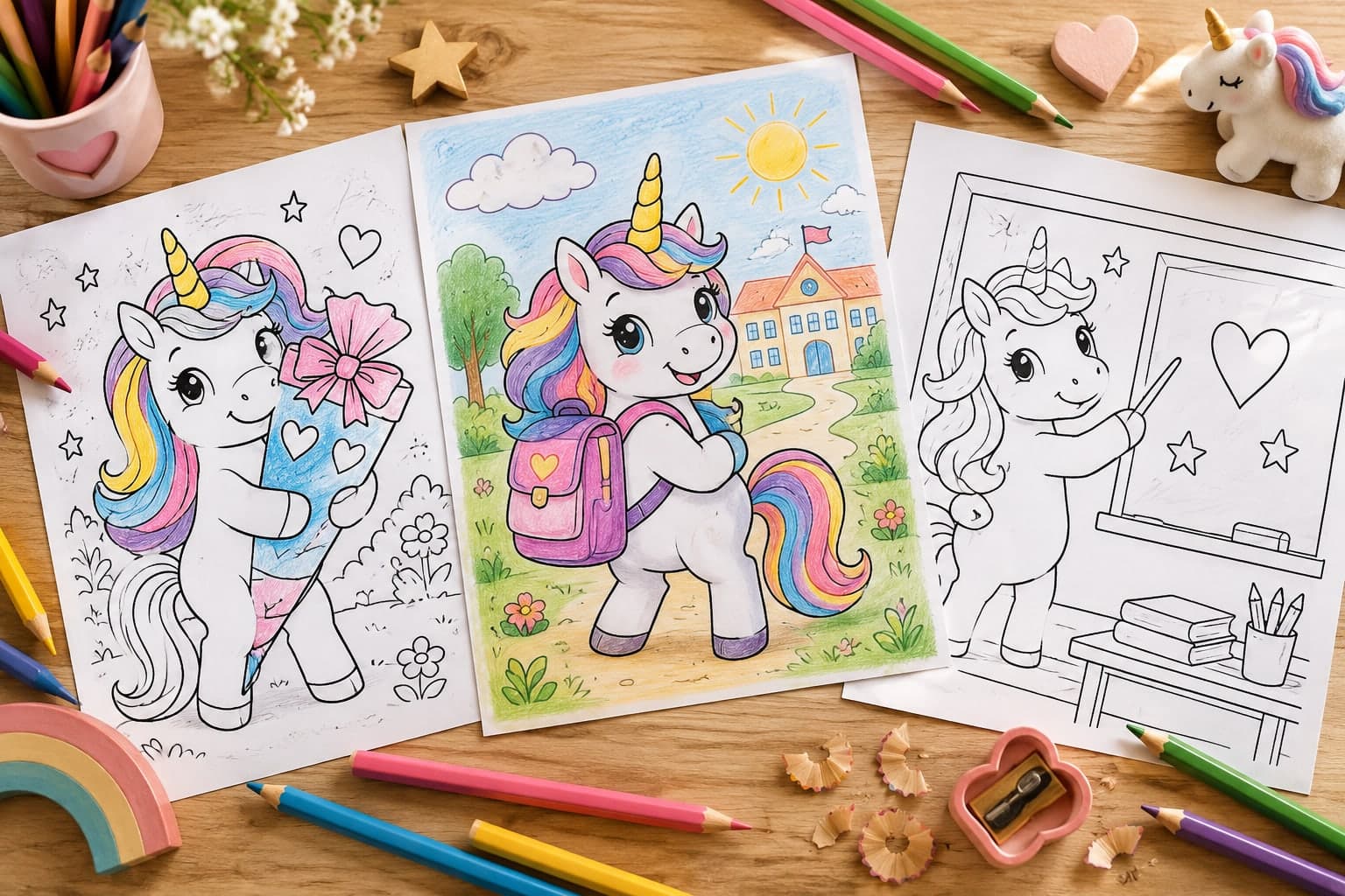 Titelbild: Einhorn Schule: Ausmalbilder mit Schultüte und Ranzen