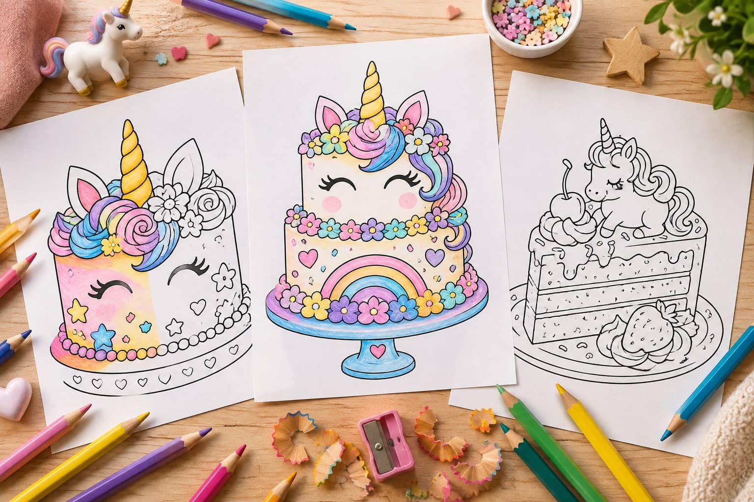 Titelbild: Kostenlose Ausmalbilder: Zauberhafte Einhorn Torte zum Ausmalen und Entdecken