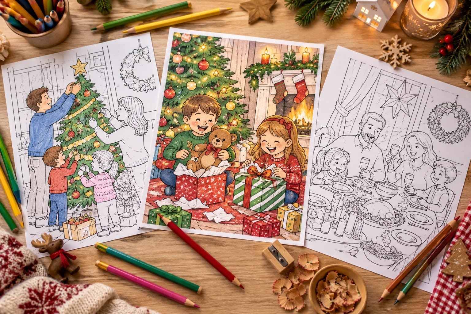 Titelbild: Familie an Weihnachten: Ausmalbilder vom Heiligabend