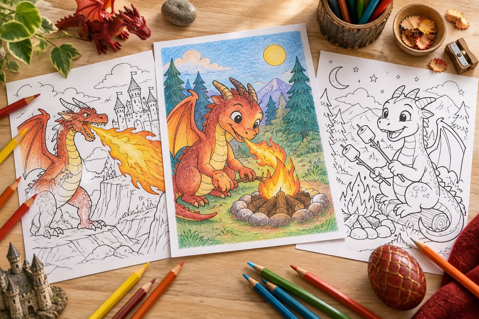 Titelbild: Feuerspeiender Drache: Ausmalbilder mit Flammen
