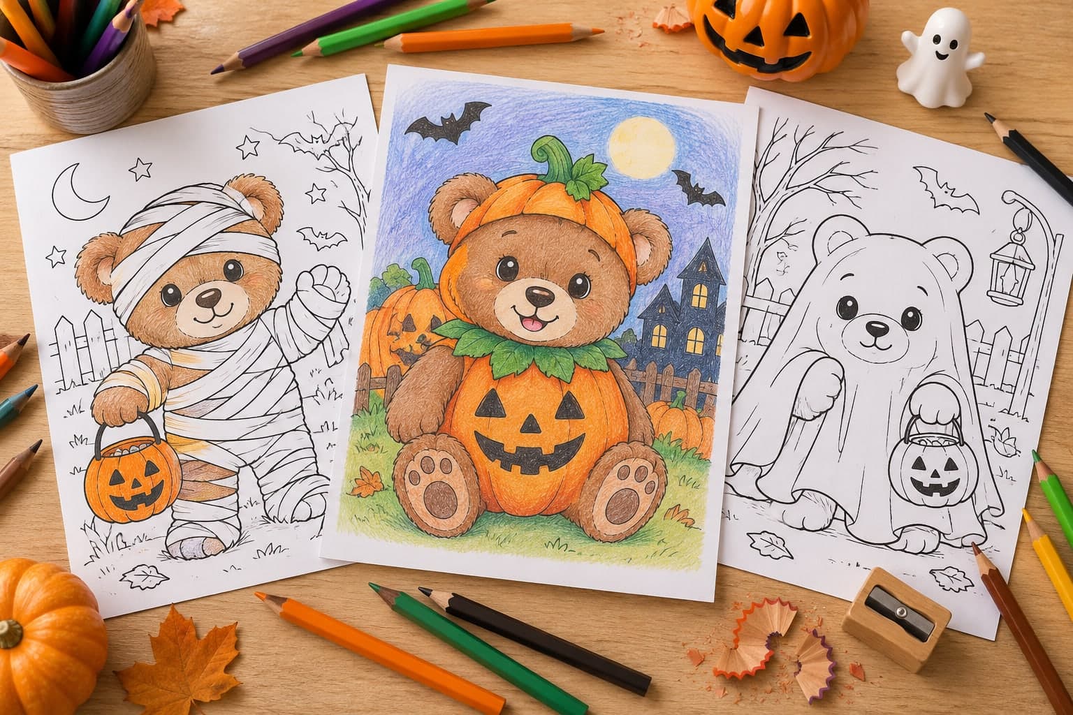 Titelbild: Halloween-Bär: Ausmalbilder mit Teddy im Kostüm