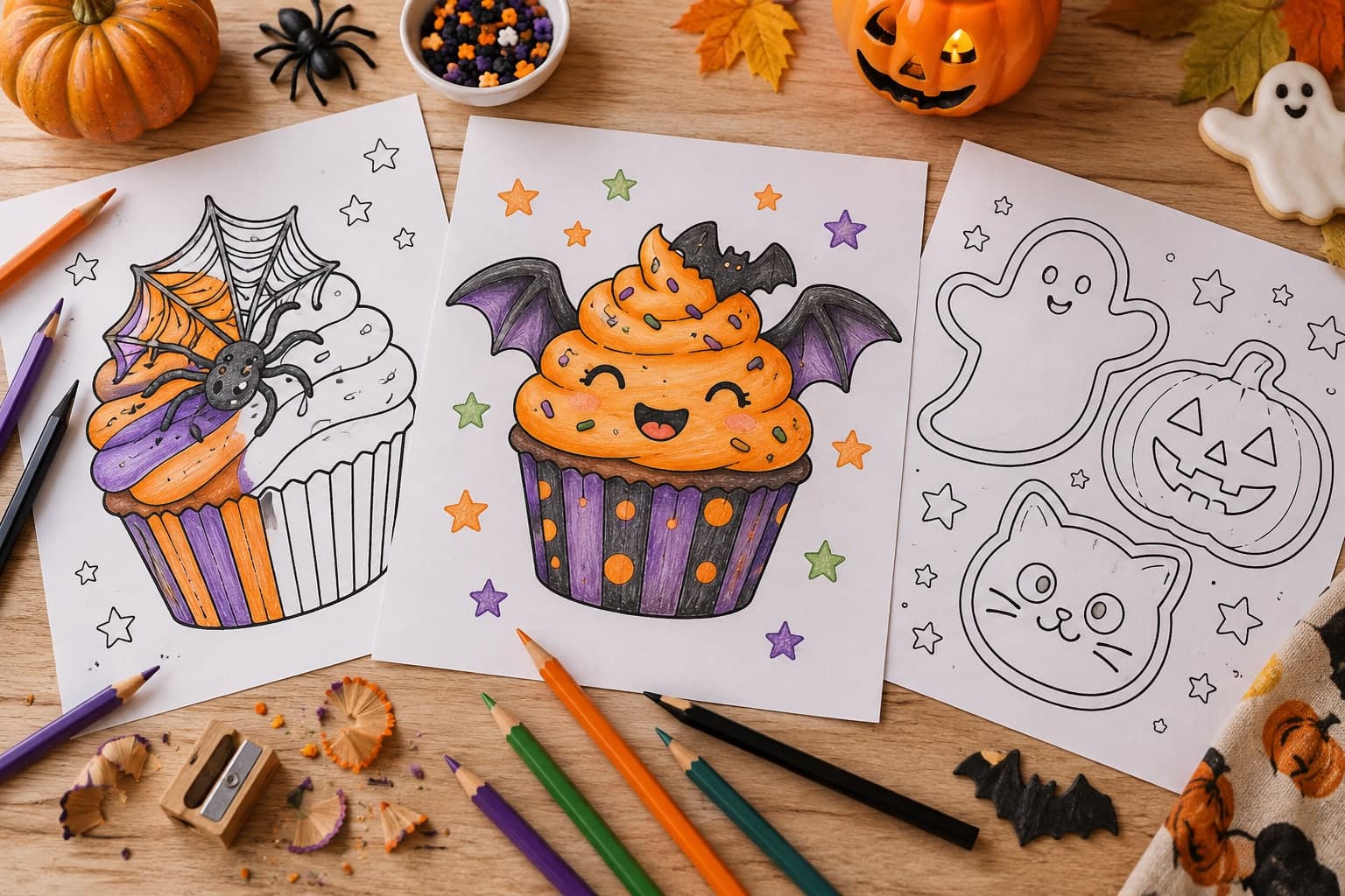 Titelbild: Halloween-Cupcakes und Kekse: Ausmalbilder zum Backen