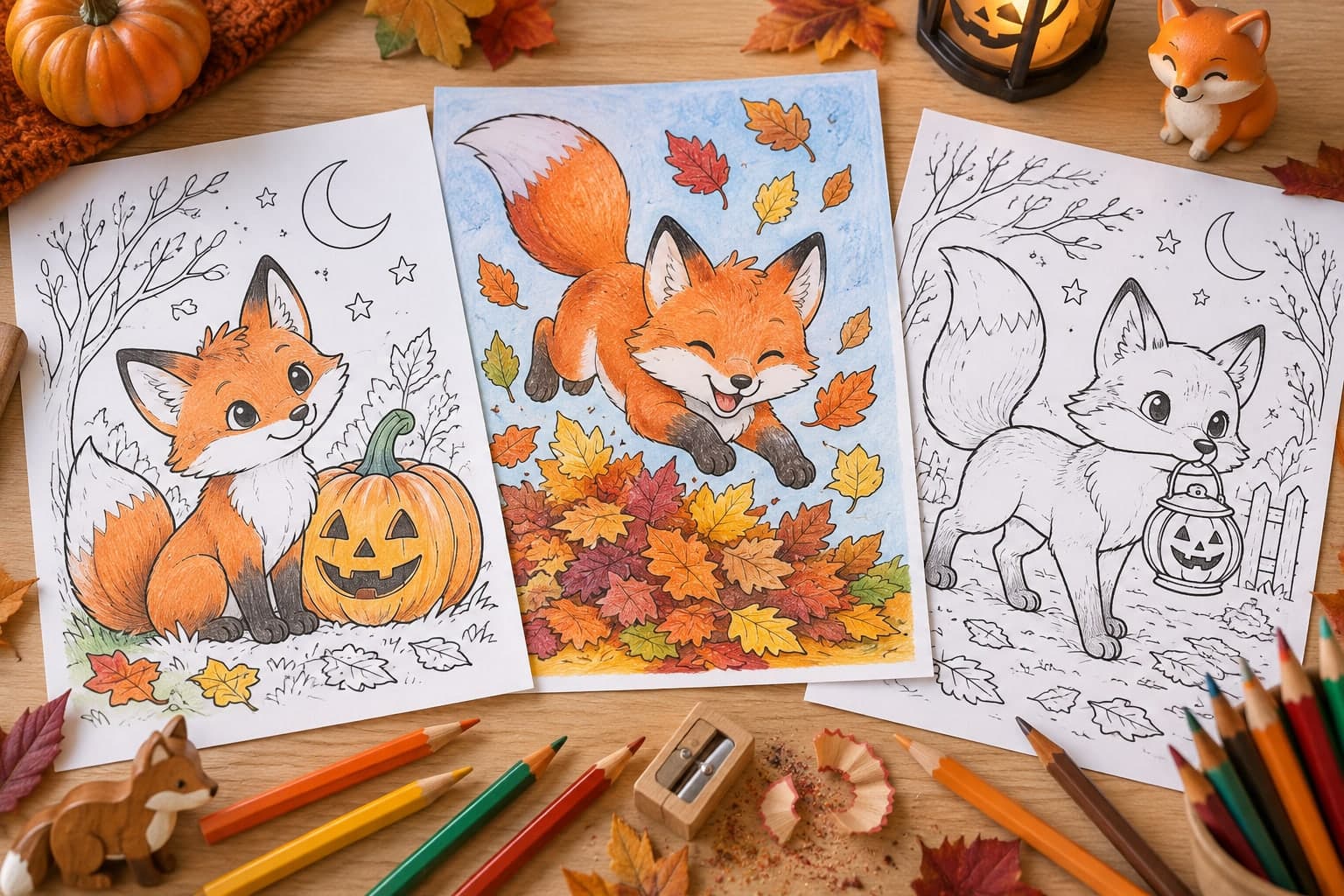 Titelbild: Halloween-Fuchs: Ausmalbilder mit Kürbis und Laub