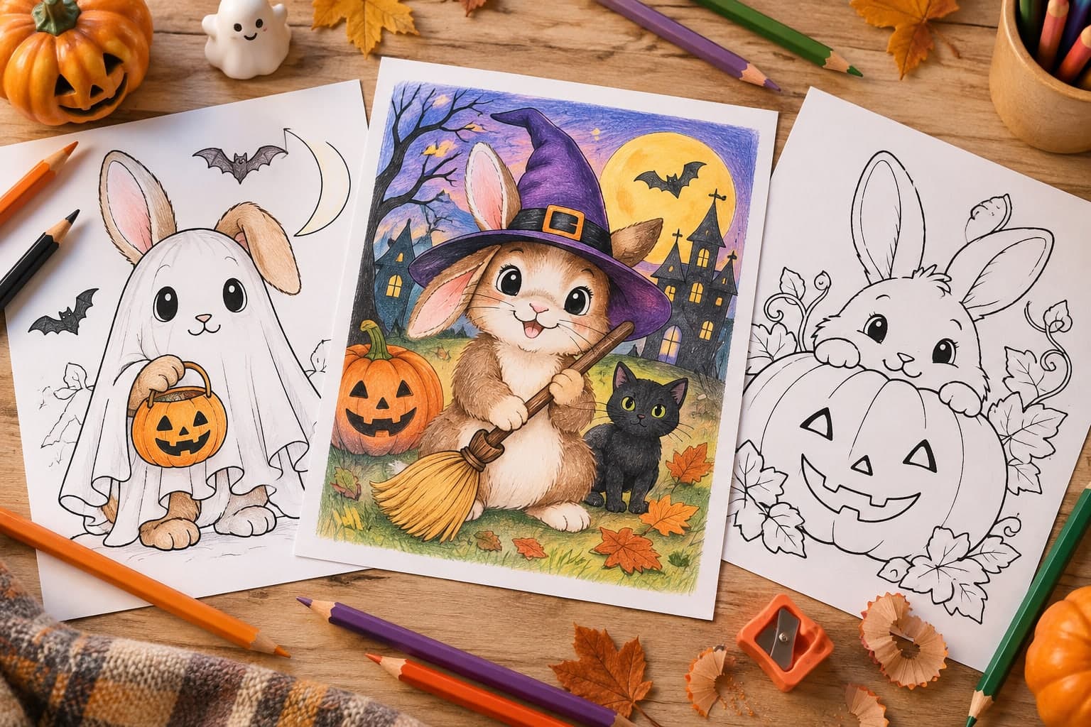 Titelbild: Halloween-Hase: Ausmalbilder mit Häschen im Kostüm