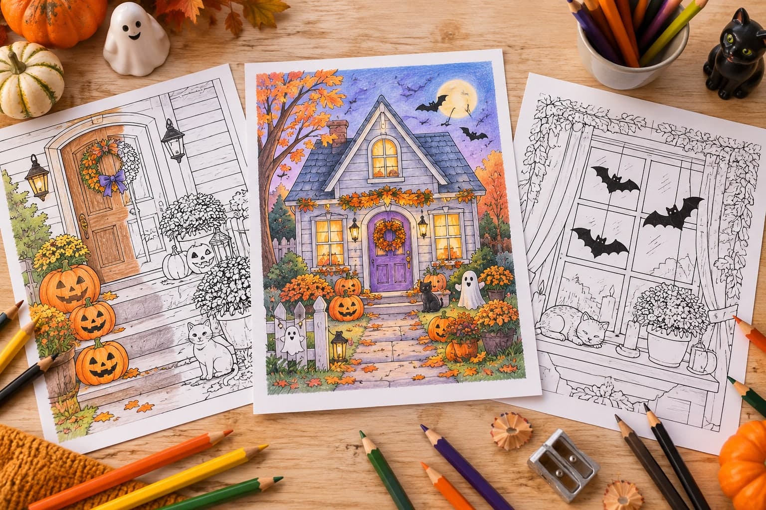 Titelbild: Halloween-Haus: Ausmalbilder mit geschmückter Haustür