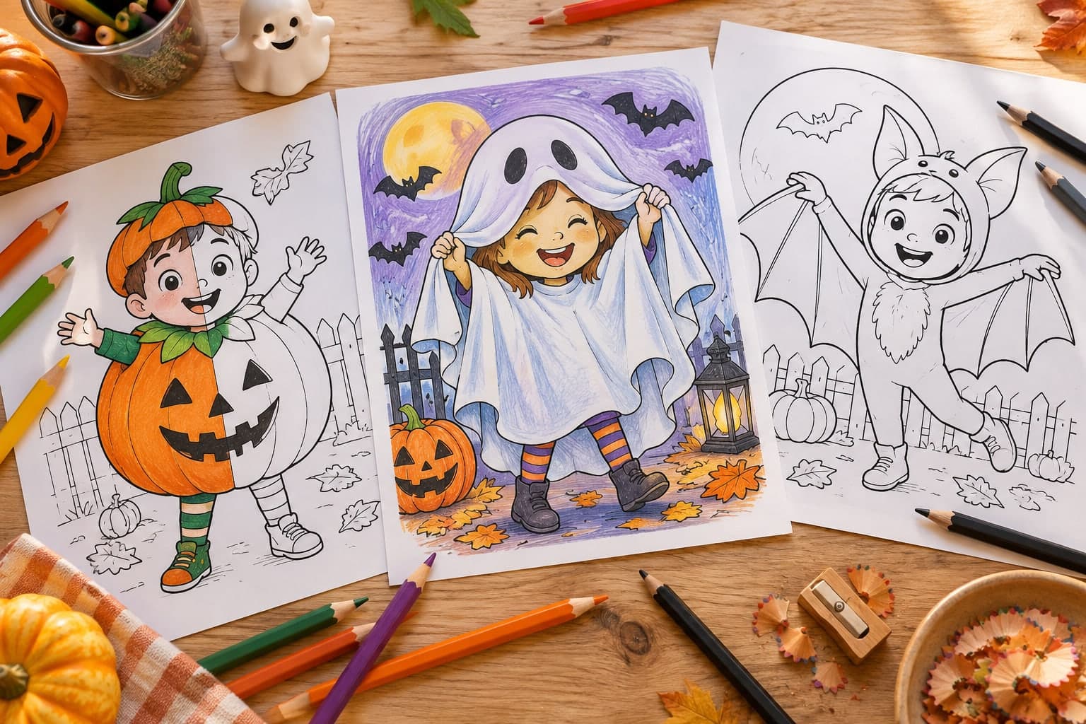 Titelbild: Halloween-Kostüme: Ausmalbilder mit verkleideten Kindern
