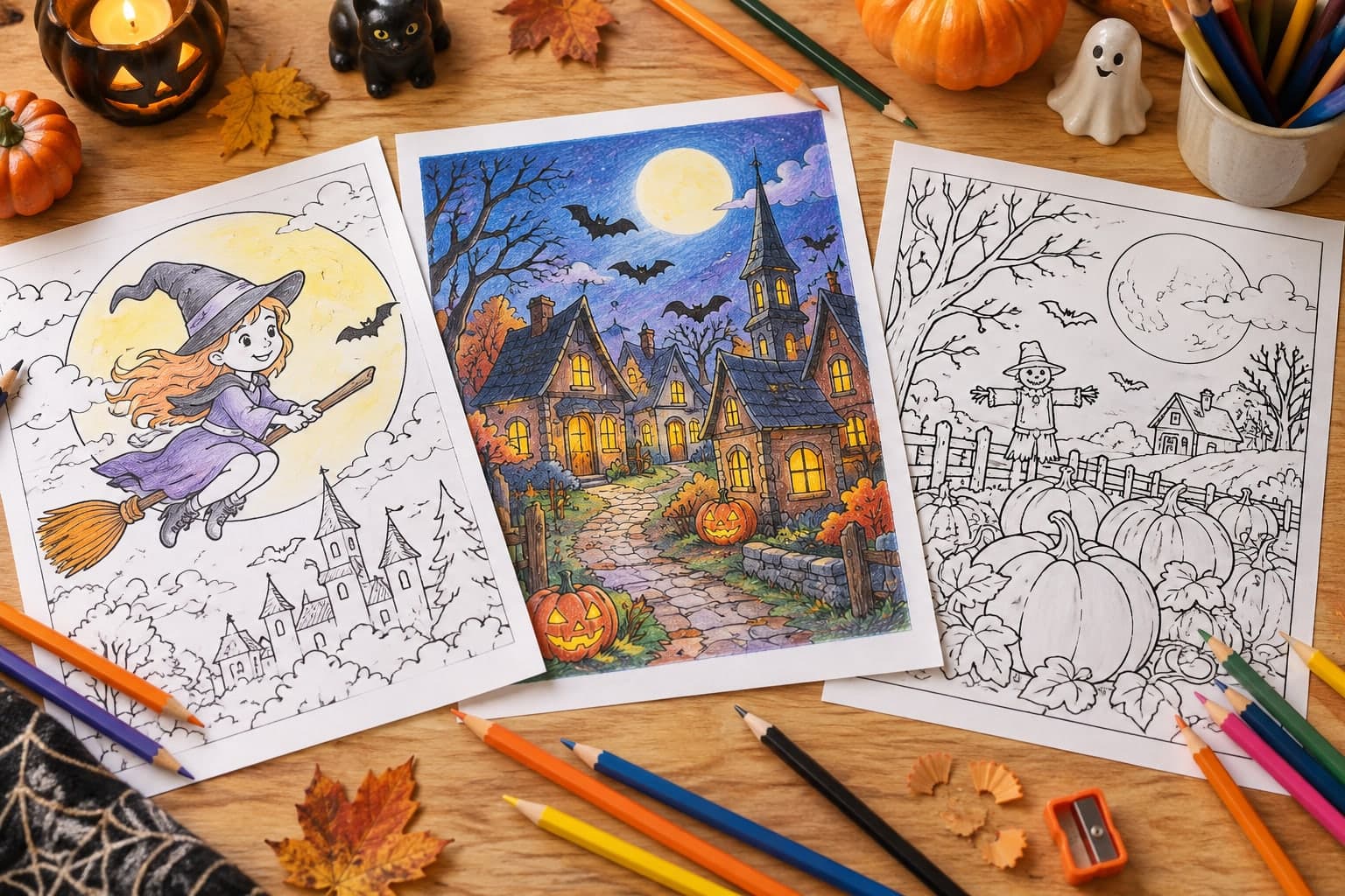 Titelbild: Halloween-Nacht: Ausmalbilder mit Vollmond und Sternen