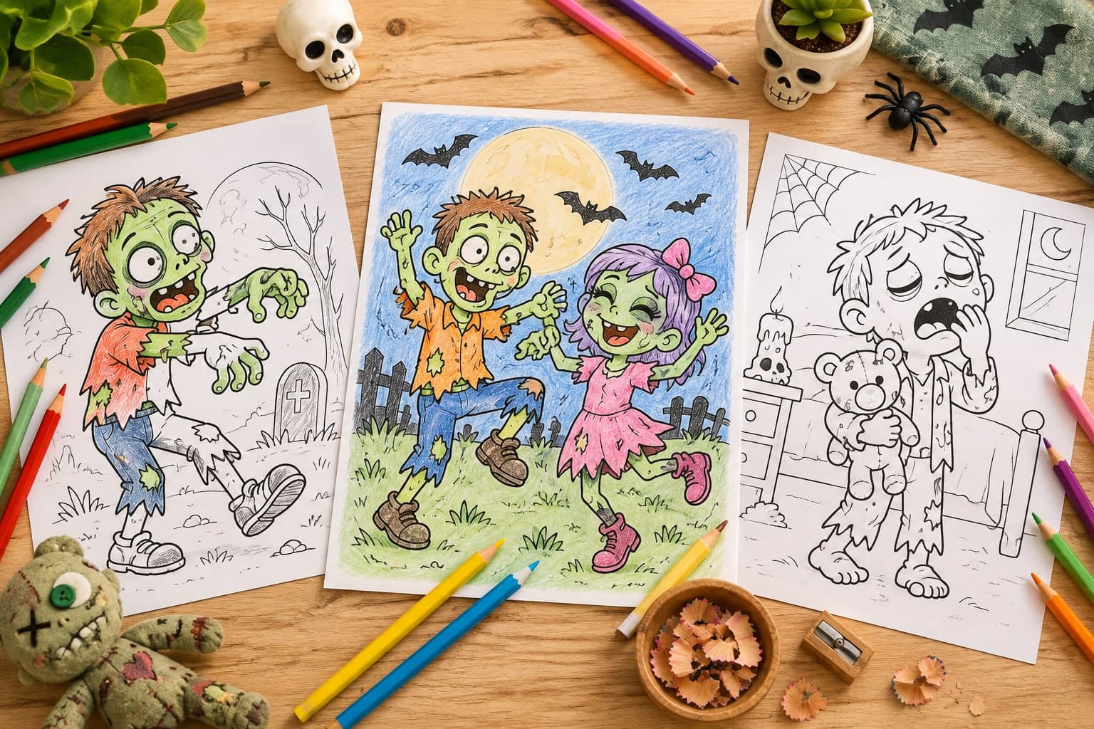 Titelbild: Lustige Zombies: Halloween-Ausmalbilder für Kinder