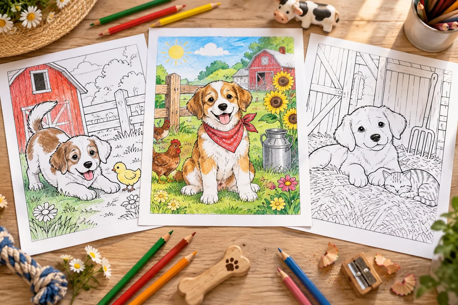 Titelbild: Hund Ausmalbild: Bauernhofszene mit Bauernhoftieren zum Ausmalen