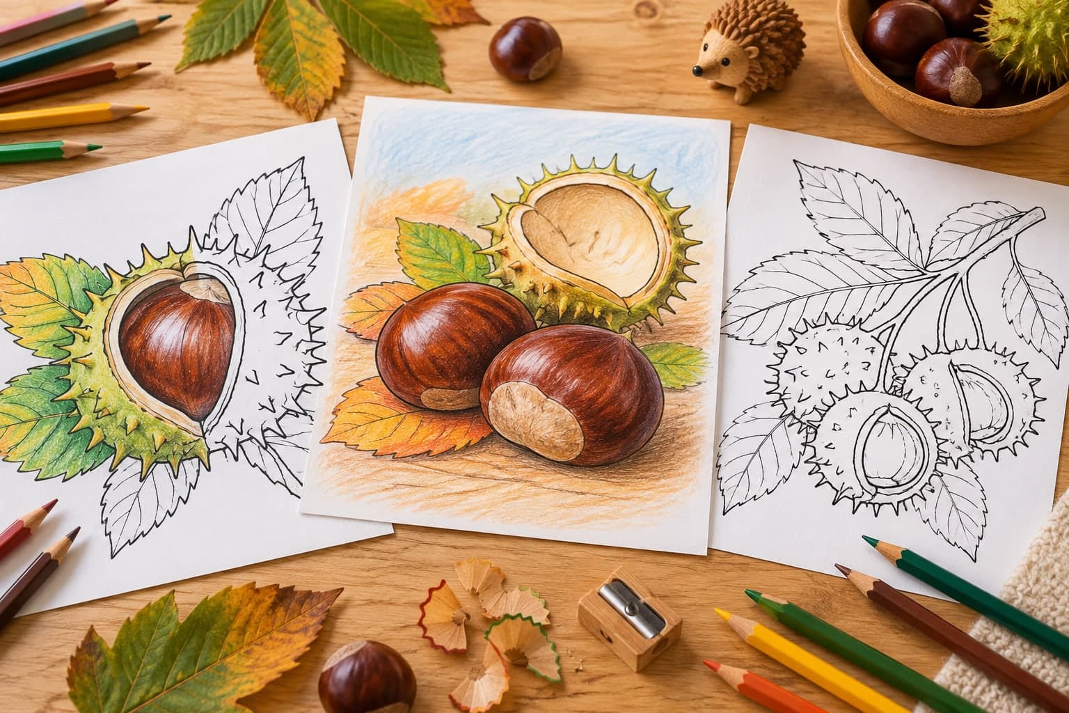 Titelbild: Kastanien Ausmalbilder mit Schalen und Herbstlaub