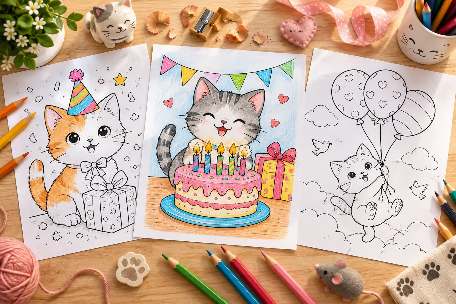 Titelbild: Katze zum Geburtstag: Ausmalbilder für die Feier