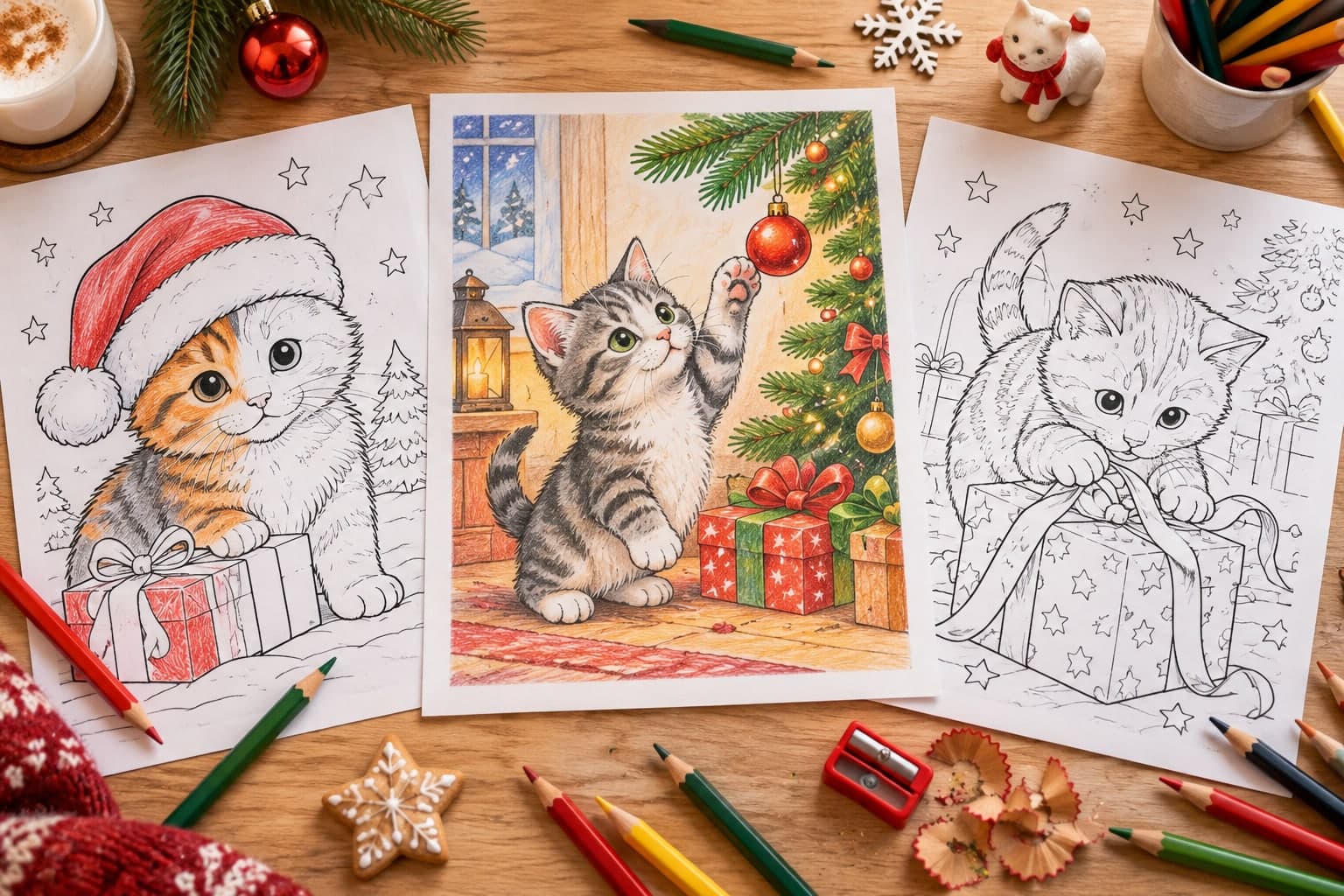 Titelbild: Katze an Weihnachten: Ausmalbilder für den Advent