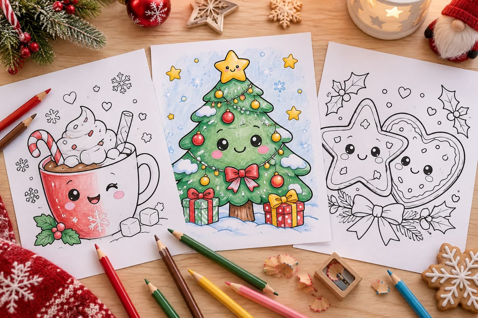 Titelbild: Kawaii-Weihnachten: süße Ausmalbilder mit Gesicht