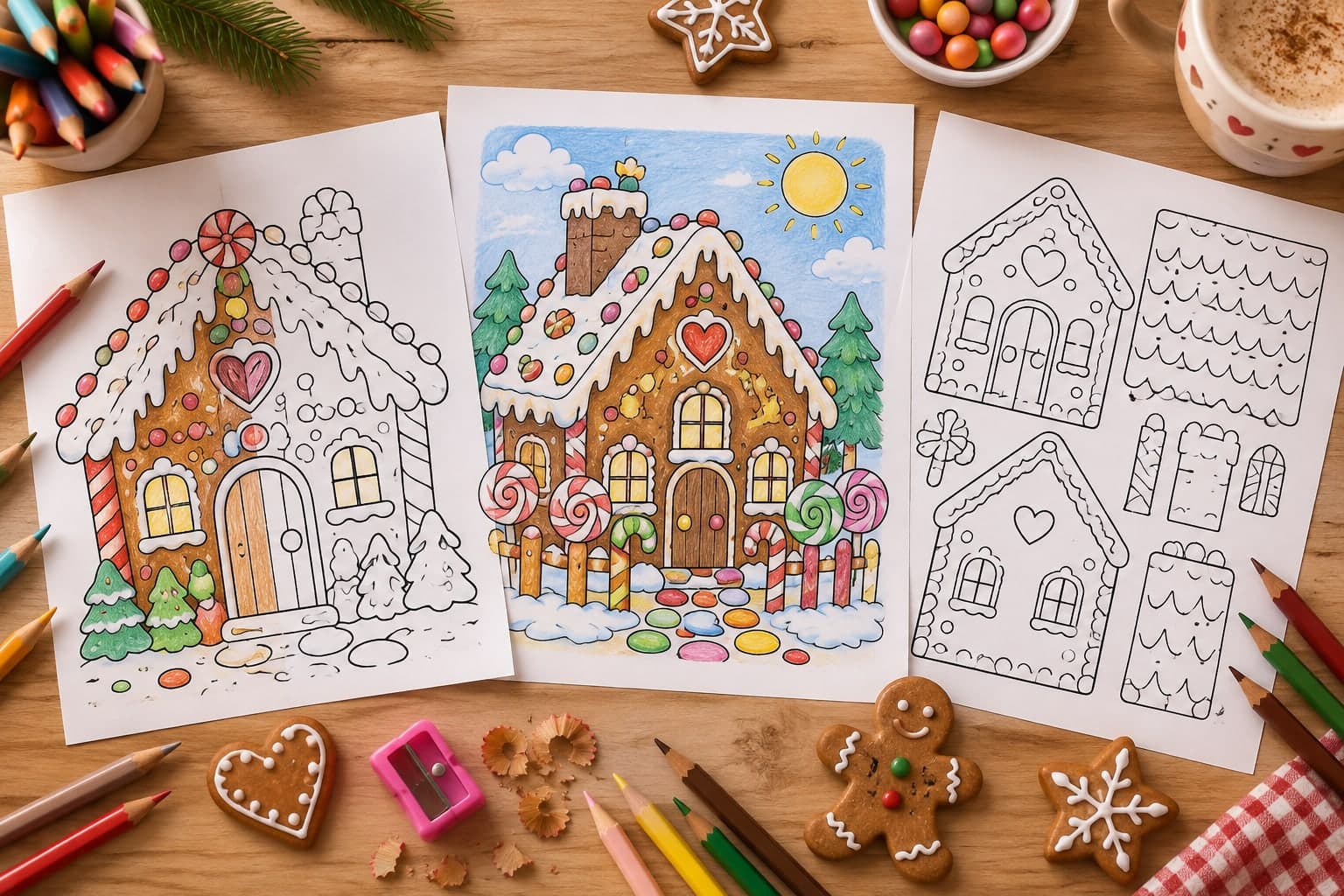 Titelbild: Lebkuchenhaus: Ausmalbilder mit Zuckerguss und Bonbons