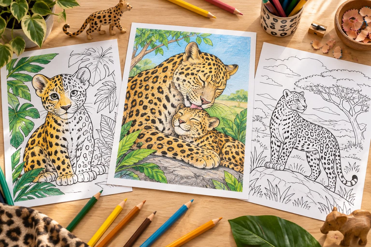 Titelbild: Leopard Malvorlage: einfach und mit Leopardenbaby