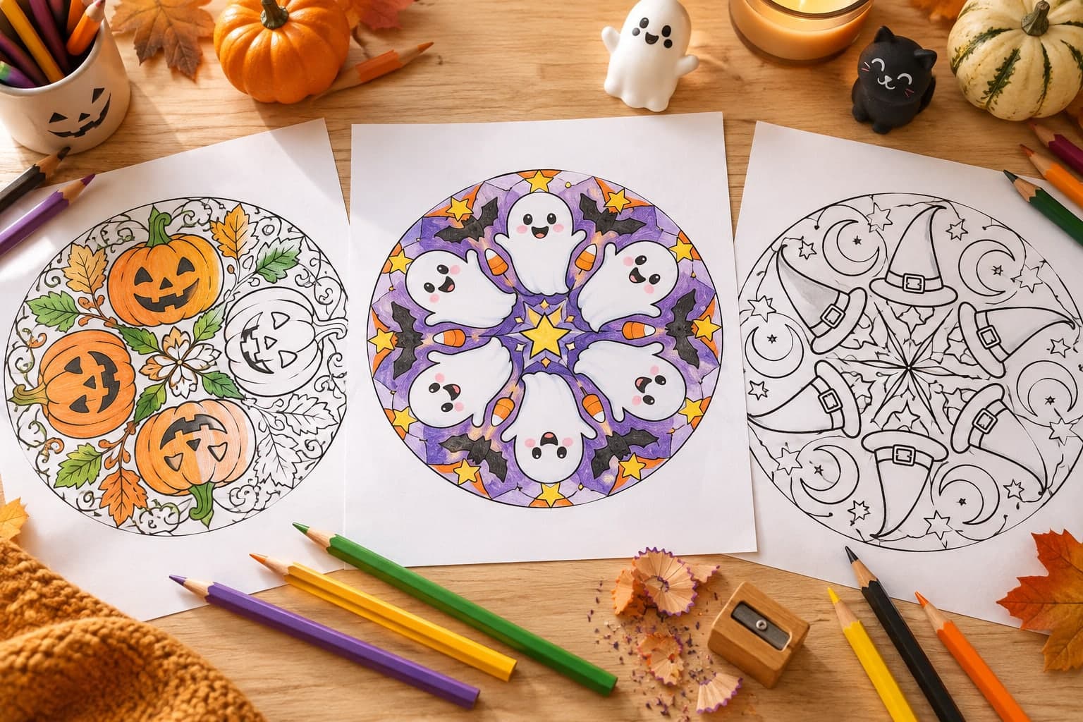 Titelbild: Halloween Mandalas mit Kürbissen und Geistern