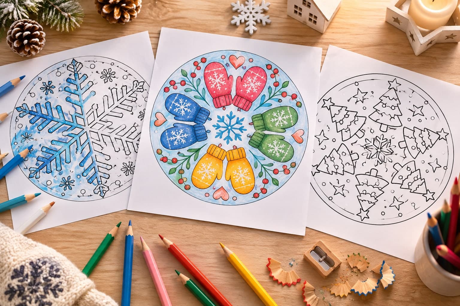 Titelbild: Winter Mandalas mit Flocken, Handschuhen und Tannen