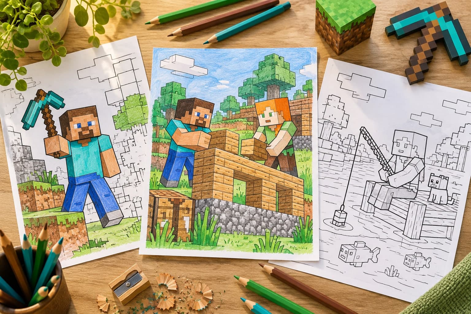 Titelbild: Minecraft Steve und Alex: Ausmalbilder zum Ausdrucken
