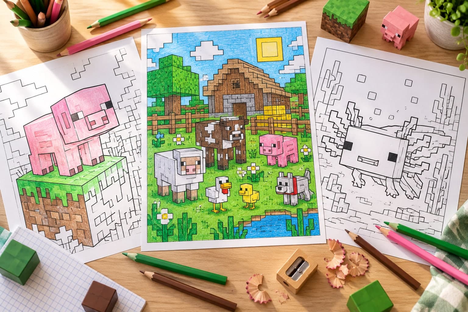 Titelbild: Minecraft Tiere: Ausmalbilder zum Ausdrucken für Kinder