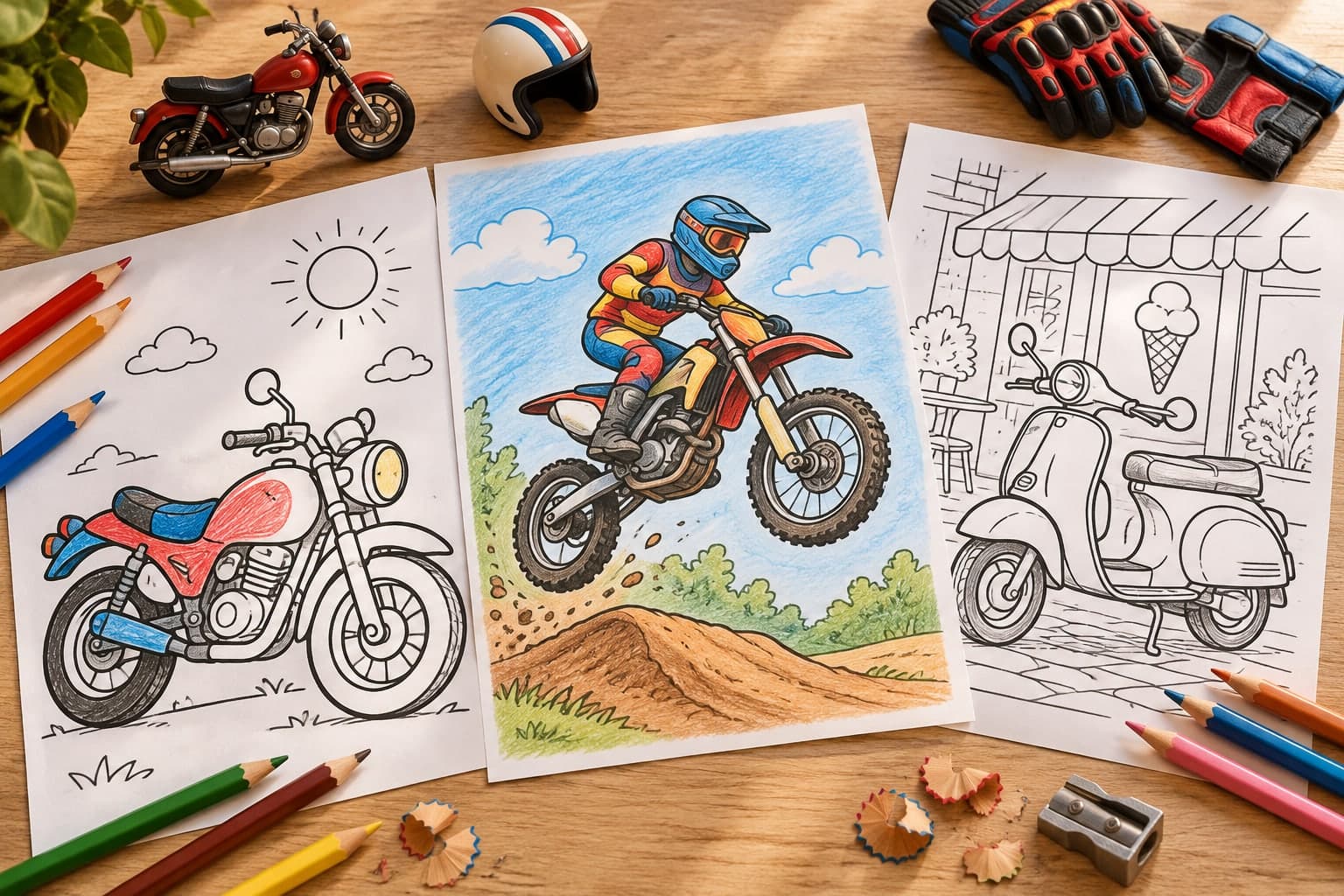 Titelbild: Motorrad Ausmalbilder: 24 Vorlagen von einfach bis Motocross