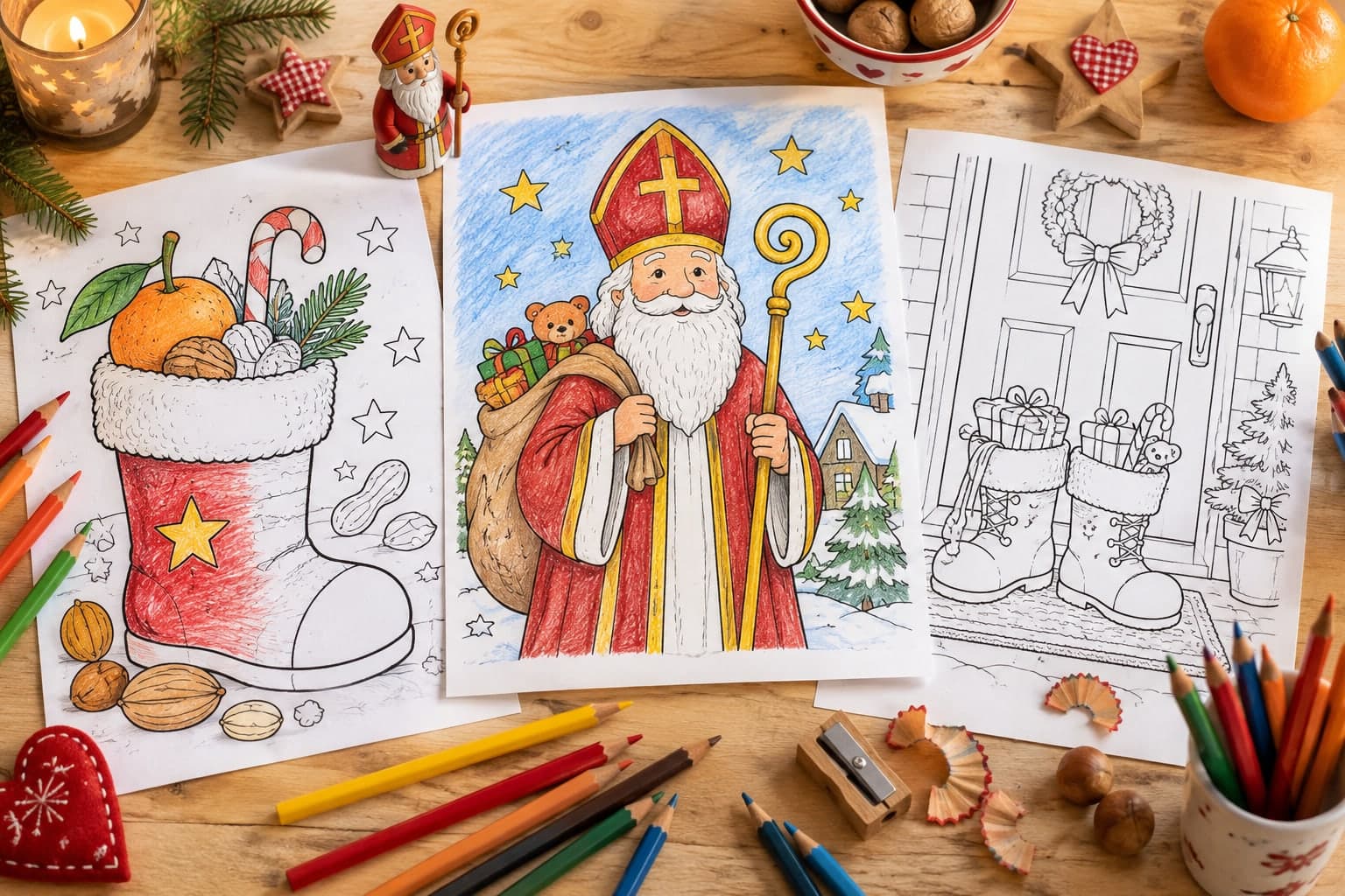 Titelbild: Nikolaus Ausmalbilder mit Stiefeln und kleinen Gaben