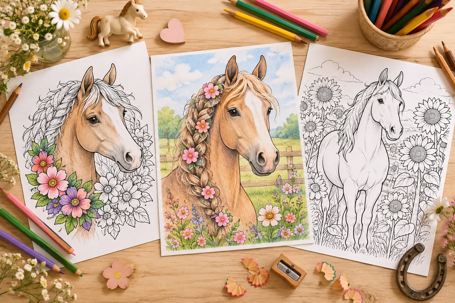 Titelbild: Pferd mit Blumen: Ausmalbilder mit Kranz und Wiese