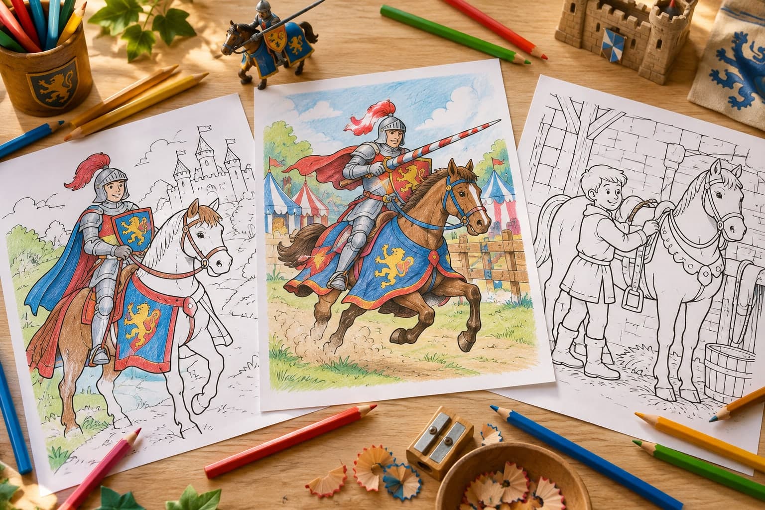 Titelbild: Ritter mit Pferd: Ausmalbilder mit Rüstung und Lanze