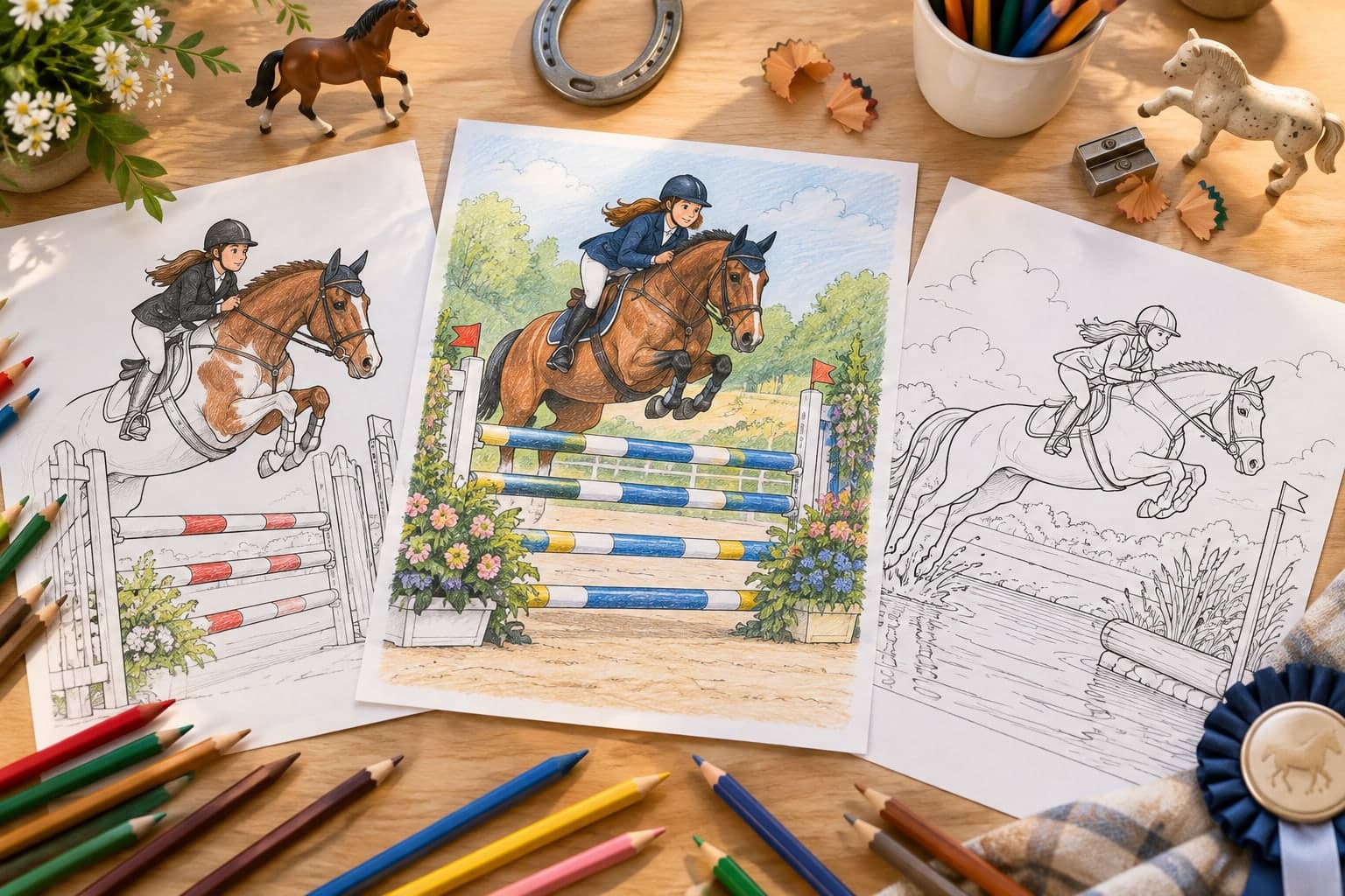 Titelbild: Springreiten: Pferde-Ausmalbilder mit Hindernis und Turnier