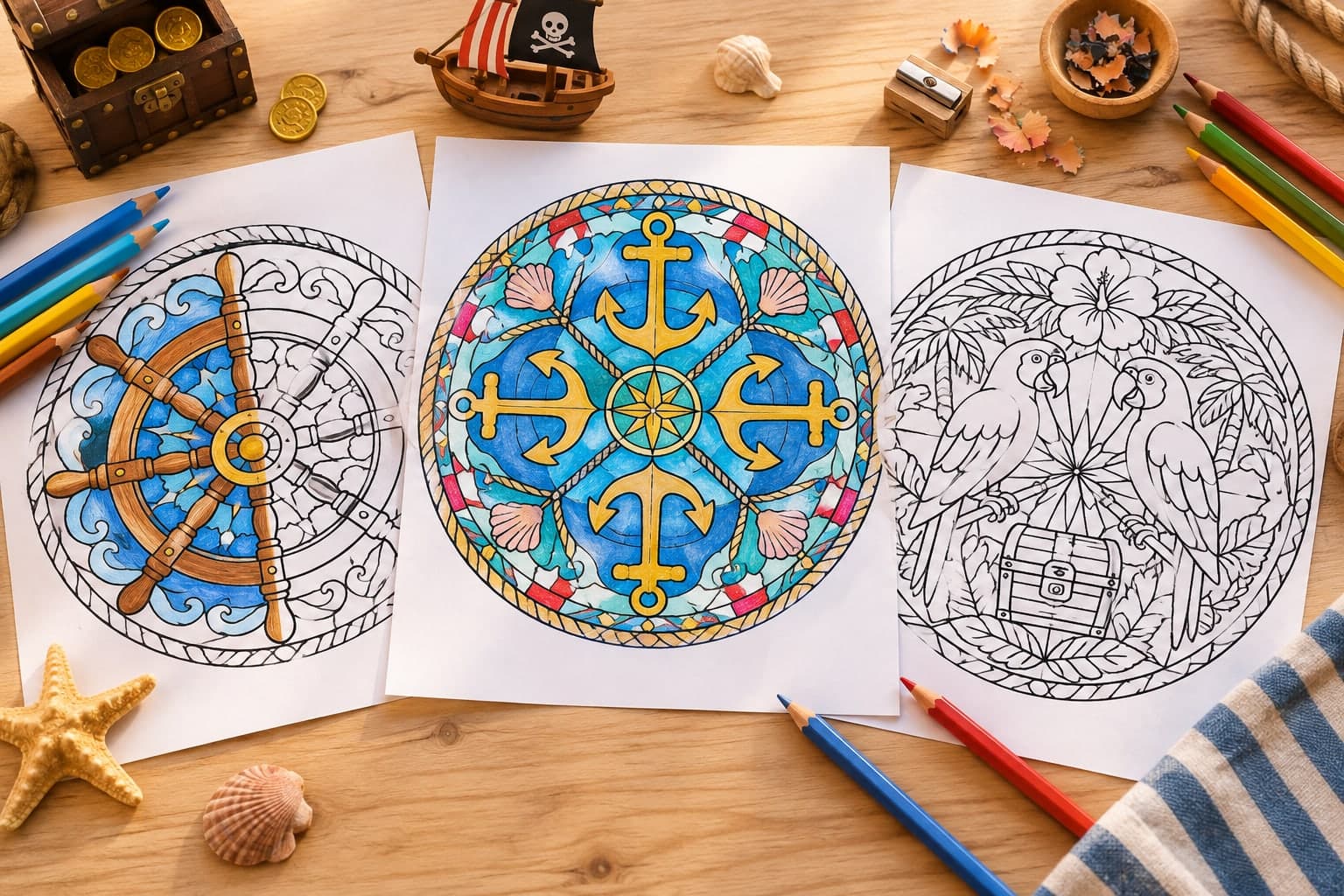 Titelbild: Piraten-Mandala: Ausmalbilder mit Anker und Steuerrad