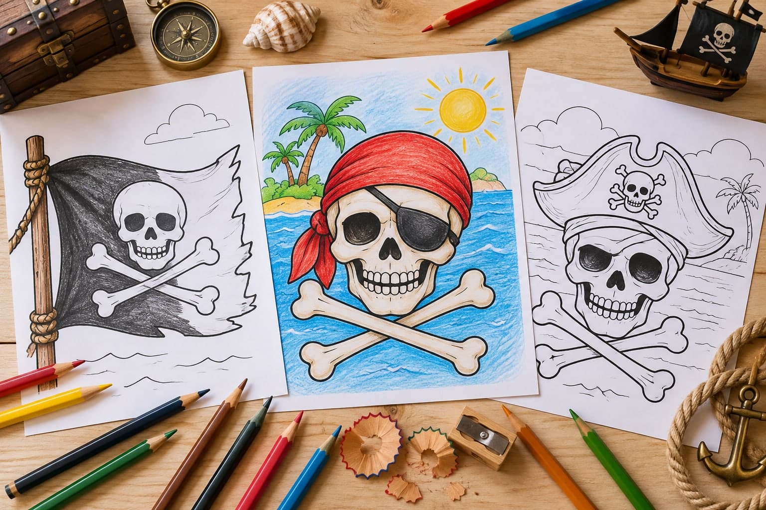 Titelbild: Piratenflagge: Ausmalbilder mit lachendem Totenkopf