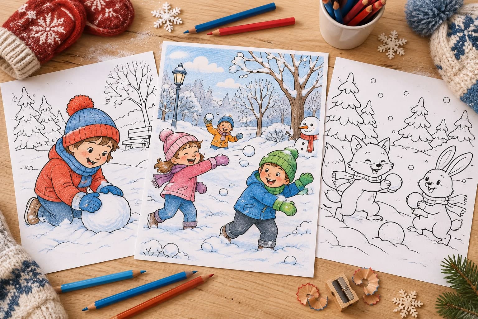 Titelbild: Schneeballschlacht: Ausmalbilder zum Ausdrucken für Kinder