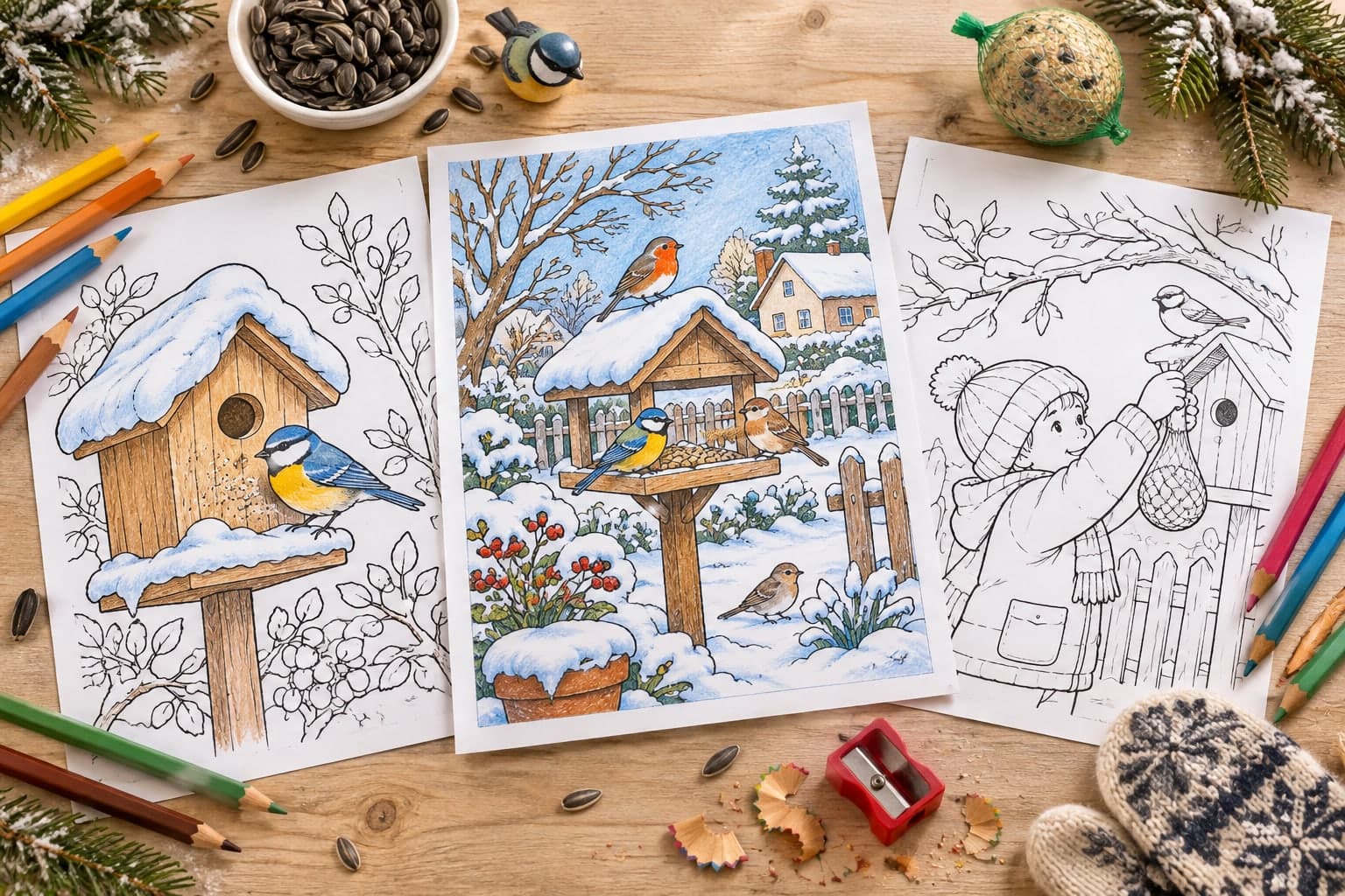 Titelbild: Vogelhaus im Winter: Ausmalbilder für Kinder zum Ausdrucken