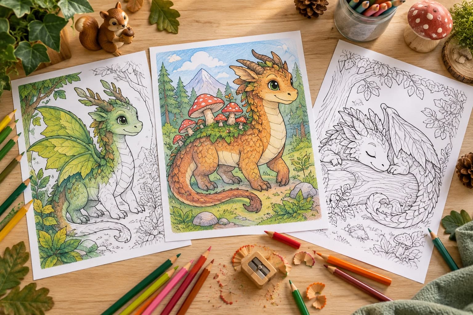 Titelbild: Walddrache: Ausmalbilder mit Blättern und Moos